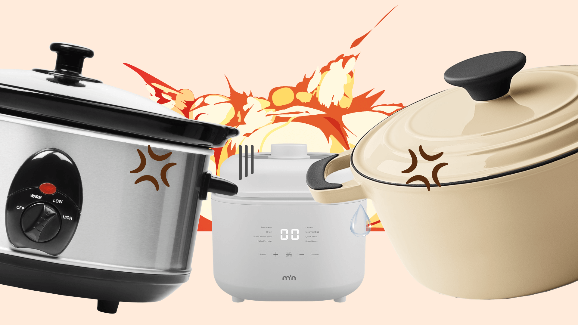 a comical visual with slow cooker and stewing pot having a fierce competition. min stewing pot is behind them watching the competition while embracing its hybrid functions