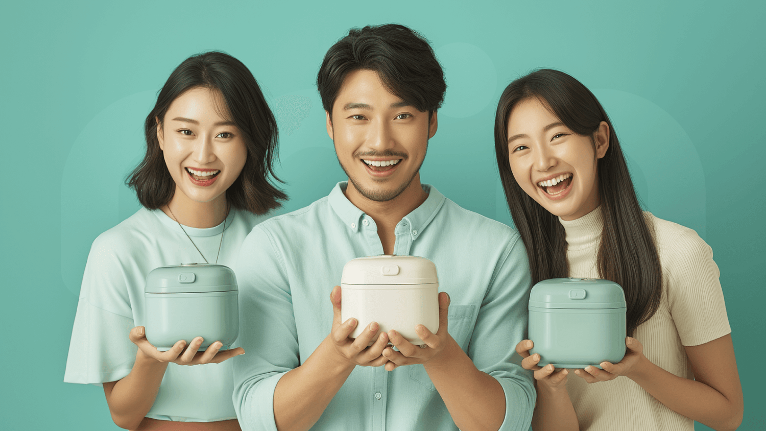 three people carrying mini rice cookers, showing that it is the norm to use mini rice cookers now