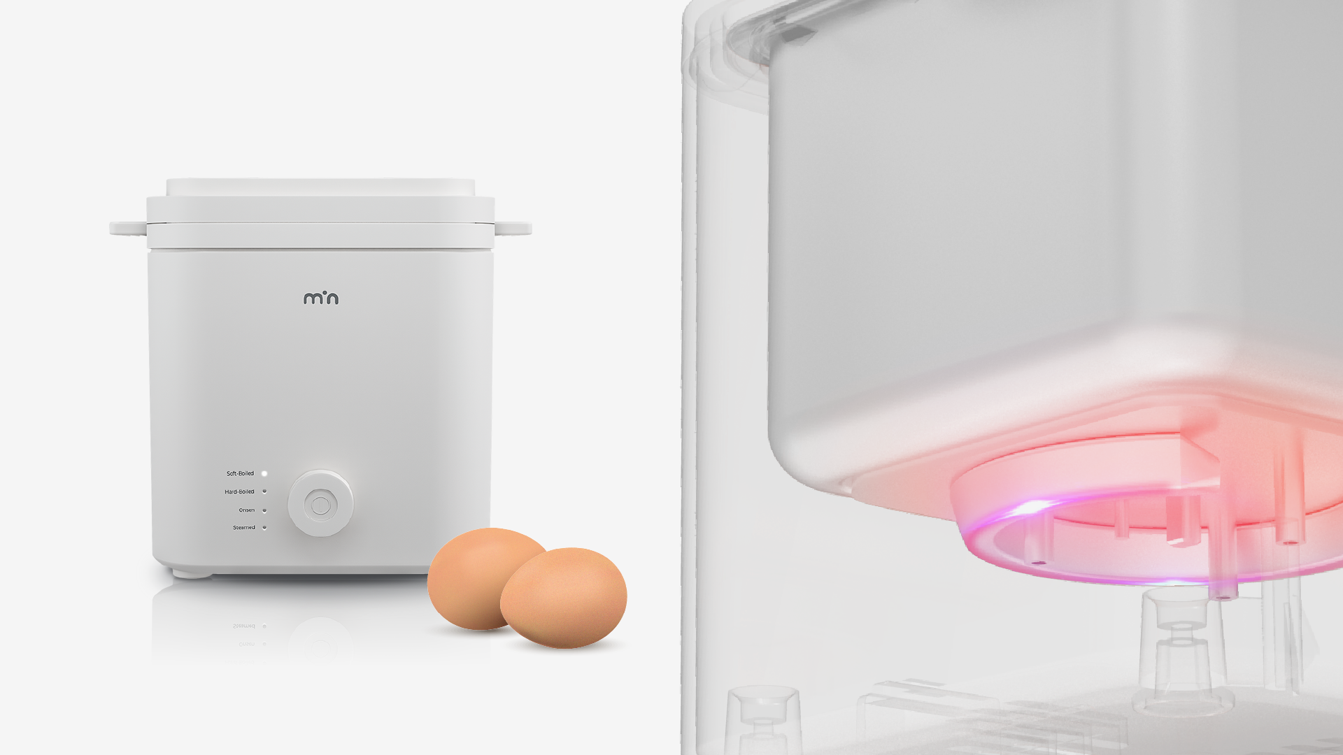 min egg cooker and the inside of said egg cooker showcasing how the heat regulating inside the rice cooker work